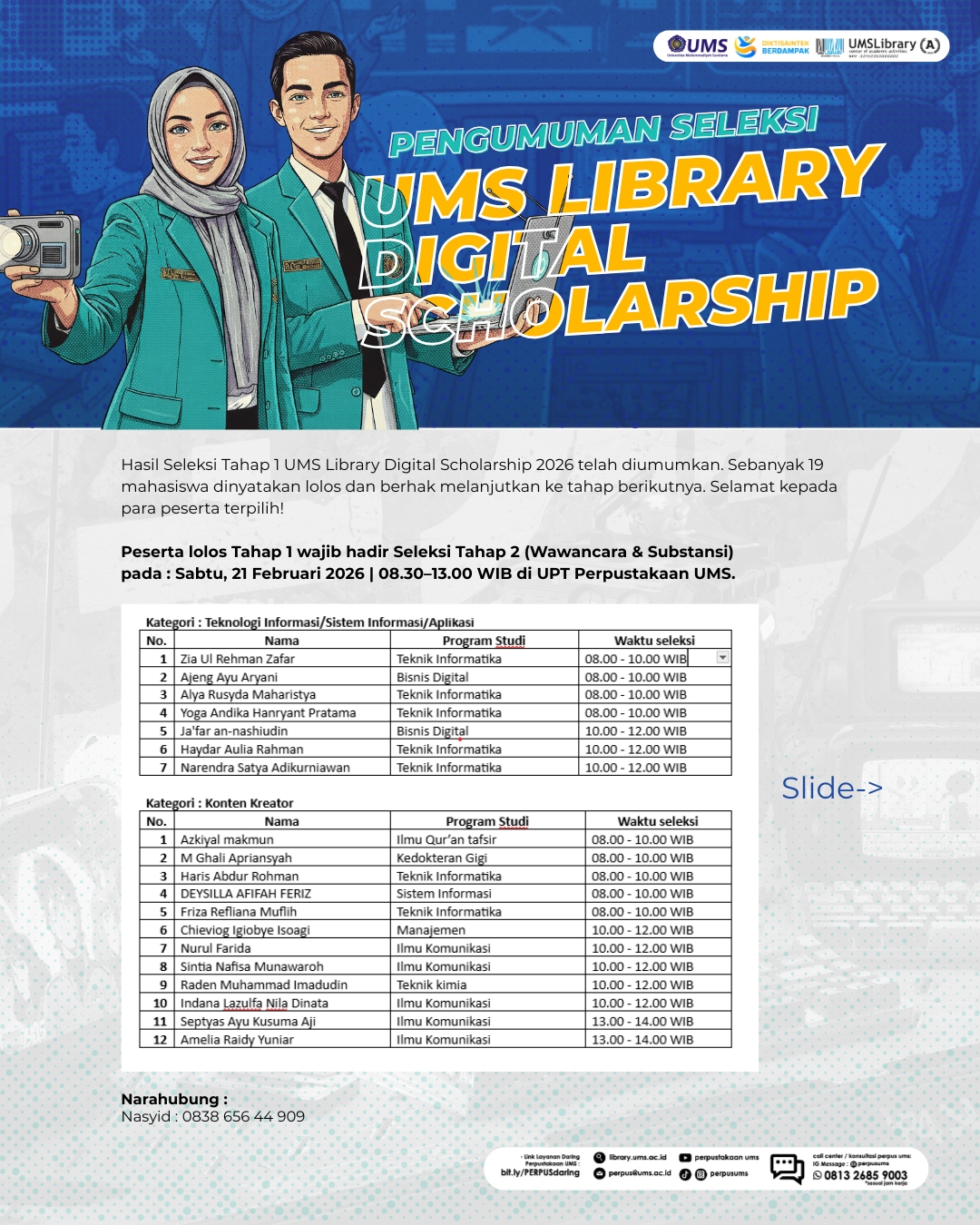 Pengumuman Hasil Seleksi Tahap 1 UMS Library Digital Scholarship 2026, 19 Mahasiswa Lolos ke Tahap Wawancara